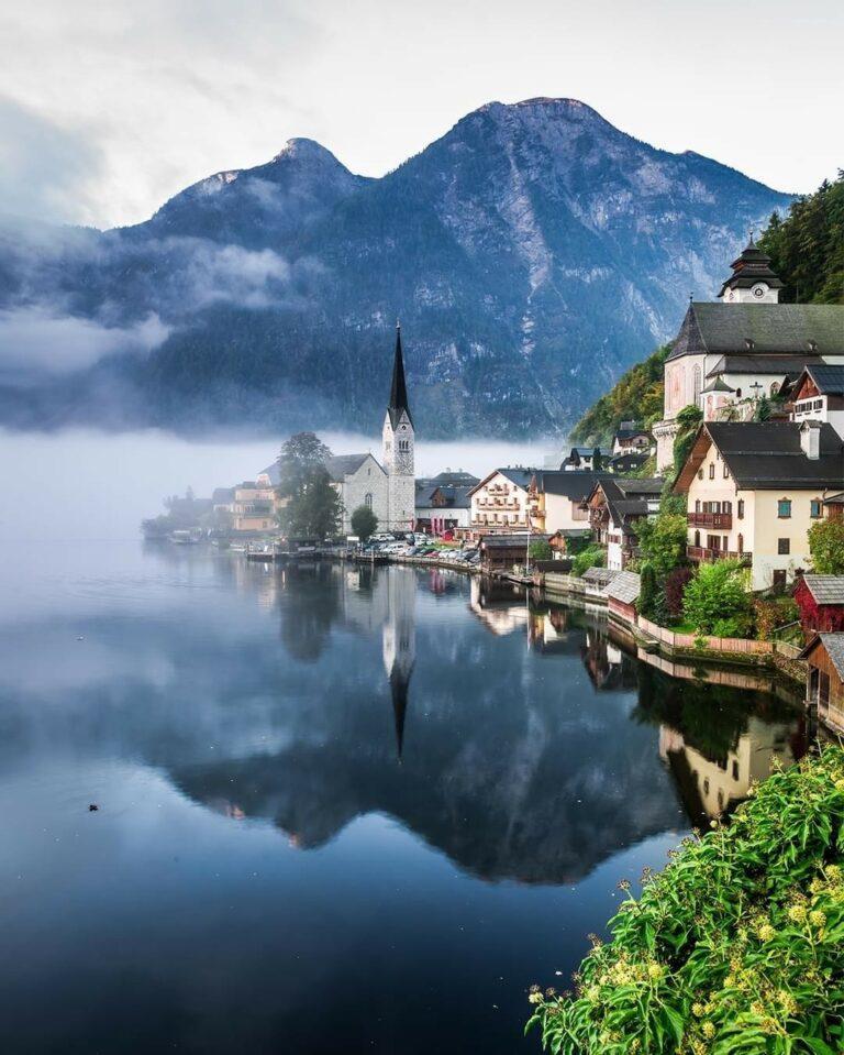 Sunrise in misty Hallstatt Austria