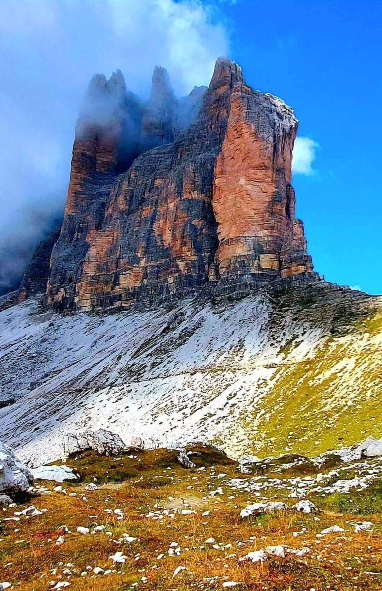 The Drei Zinnen are a prominent massif in the Sesto Dolomites on the border between the Italian provinces of Belluno in the south and South Tyrol in the north, Italy